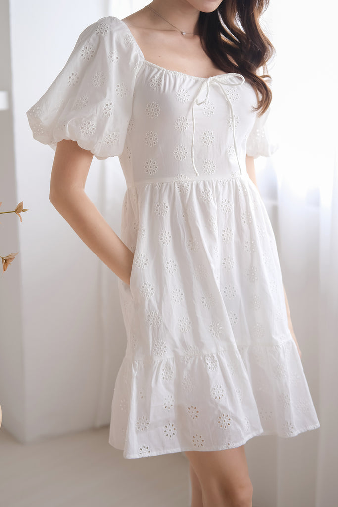Debbie Eyelet Puffy Sleeves Dress Romper - White [XS/S/M/L/XL]