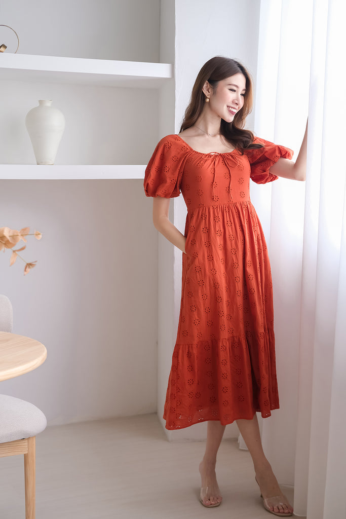Debbie Eyelet Puffy Sleeves Midi Dress - Rust [XS/S/M/L/XL]