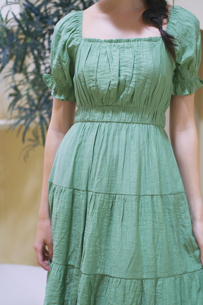 Lily Crepe Puffy Sleeves Tiered Midi Dress - Green [XS/S/M/L/XL]