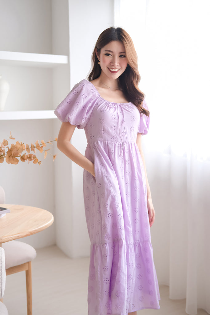 Debbie Eyelet Puffy Sleeves Midi Dress - Lilac [XS/S/M/L/XL]