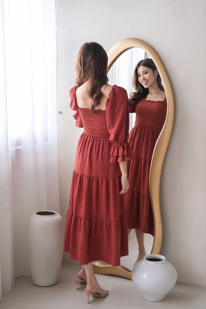 Ducena Swissdot Smocked Tiered Dress - Rosewood [XS/S/M/L/XL]