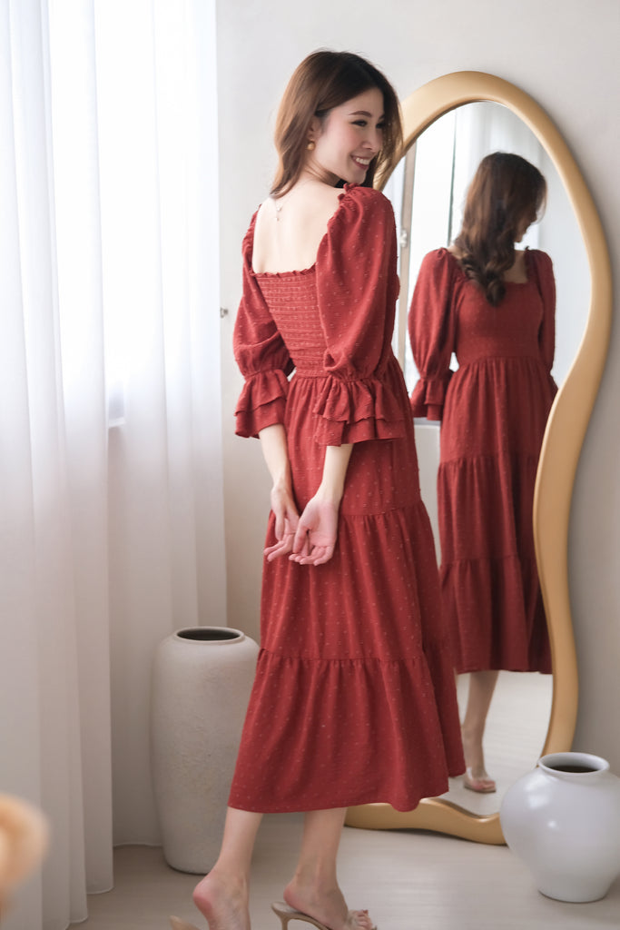 Ducena Swissdot Smocked Tiered Dress - Rosewood [XS/S/M/L/XL]