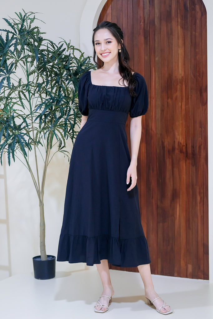 Katalina Ruche Slit Midi - Black [XS/S/M/L/XL]