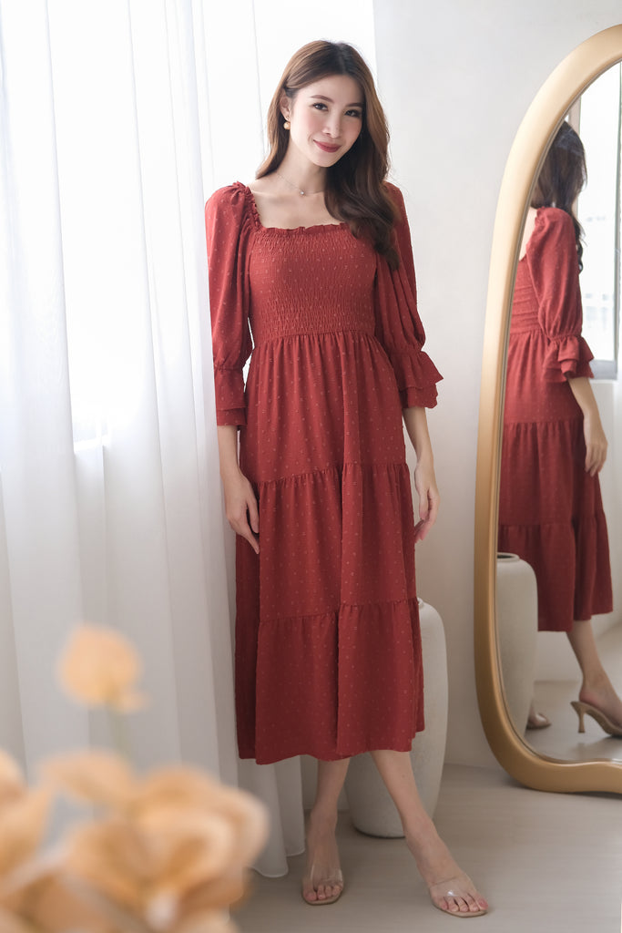 Ducena Swissdot Smocked Tiered Dress - Rosewood [XS/S/M/L/XL]