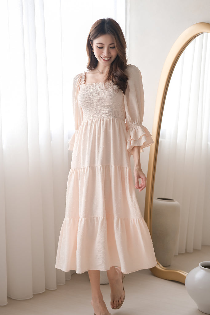 Ducena Swissdot Smocked Tiered Dress - Cream [XS/S/M/L/XL]