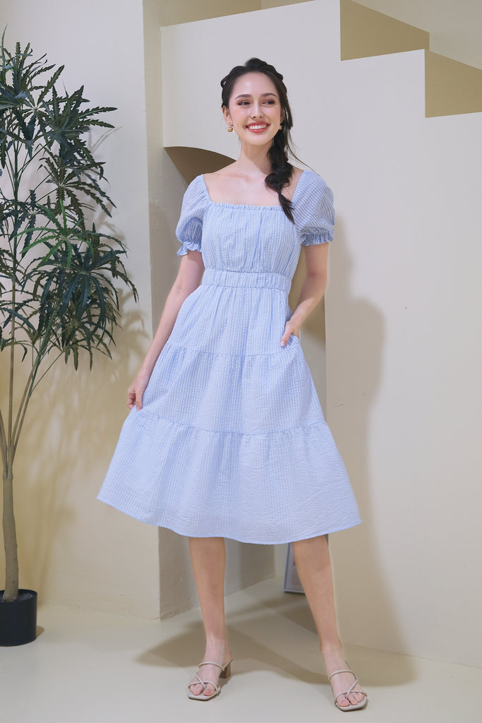 Lily Textured Puffy Sleeves Tiered Midi Dress - Blue Stripes [XS/S/M/L/XL]