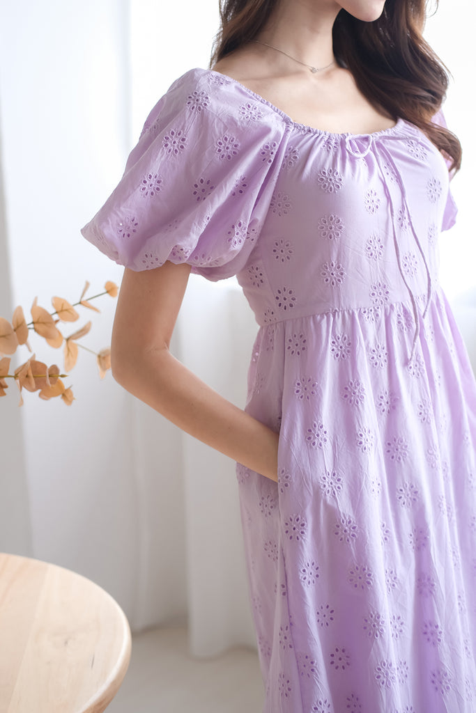 Debbie Eyelet Puffy Sleeves Midi Dress - Lilac [XS/S/M/L/XL]