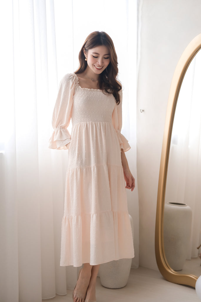Ducena Swissdot Smocked Tiered Dress - Cream [XS/S/M/L/XL]