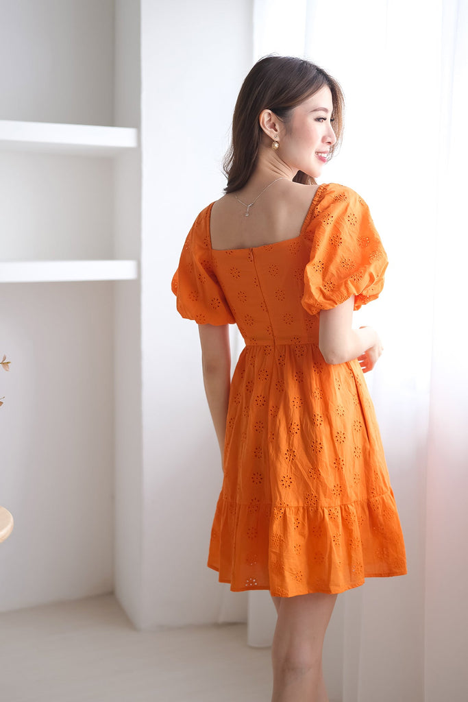 Debbie Eyelet Puffy Sleeves Dress Romper - Burnt Orange [XS/S/M/L/XL]