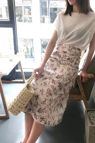 Rina Floral Ruche Skirt - Cream [S/M]