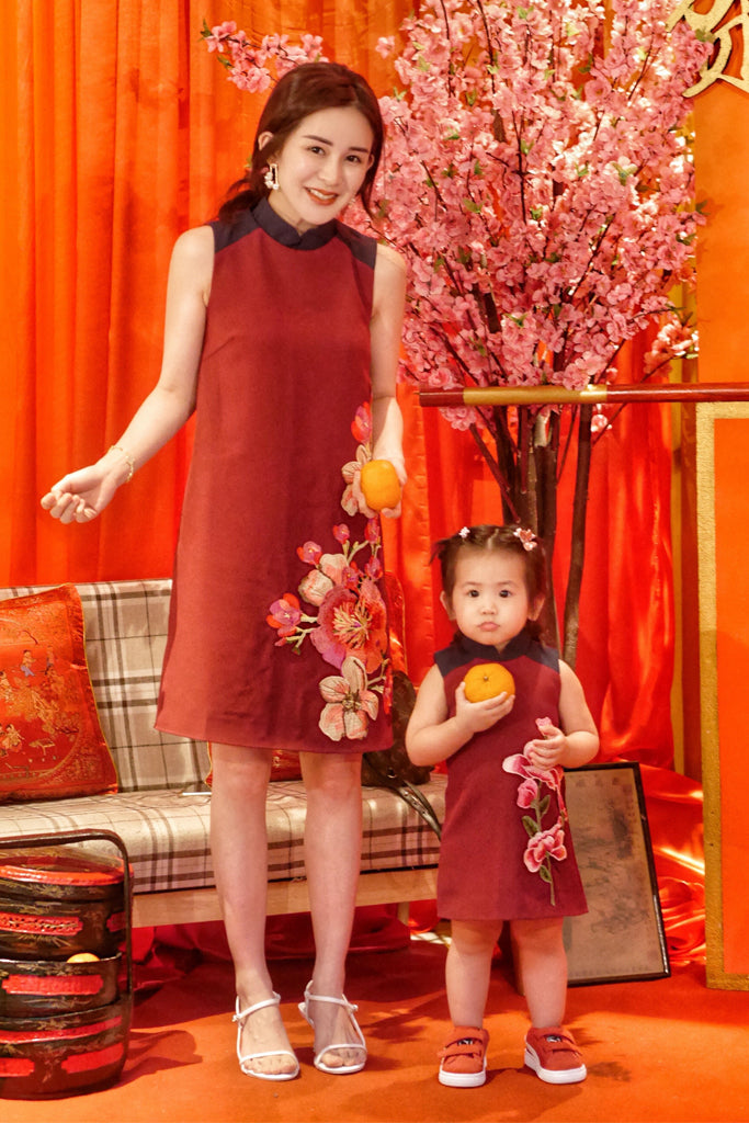 KIDS Yun Floral Embroidered Mandarin Collar Dress - Wine / Navy [12M/18/2Y/3Y/4Y/5Y/6Y]